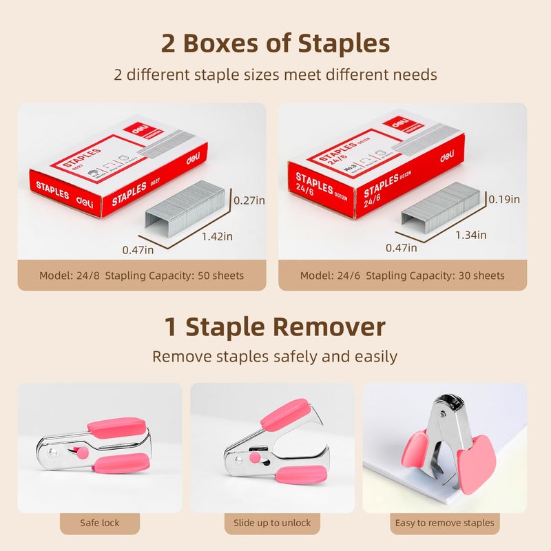 Deli Effortless Desktop Stapler, Heavy Duty Stapler, 40-50 Sheet Capacity, One Finger, No Effort, Includes 1500 Staples & Staple Remover, Rose - Image 4